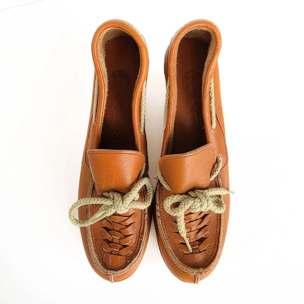 Vintage 70s Cherokee Buckwheat Platform Wedges Caramel Leather‎ Boho Shoes 7.5 N